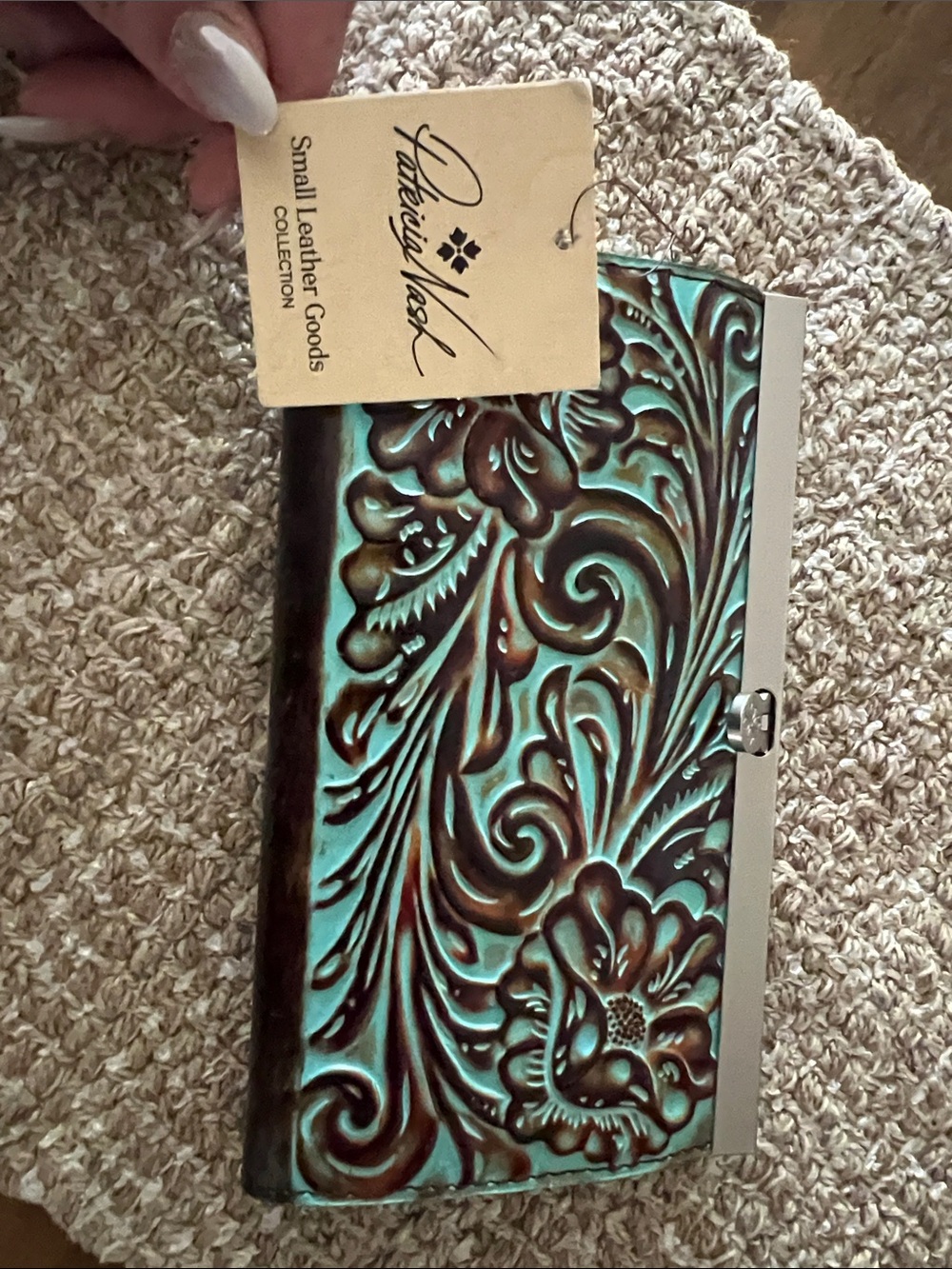 Patricia Nash Turquoise and Brown Tooled Leather Clutch Wallet